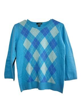 Griffen Cashmere Sweater Argyle Pattern Long Sleeve Crewneck Pullover Blue Large